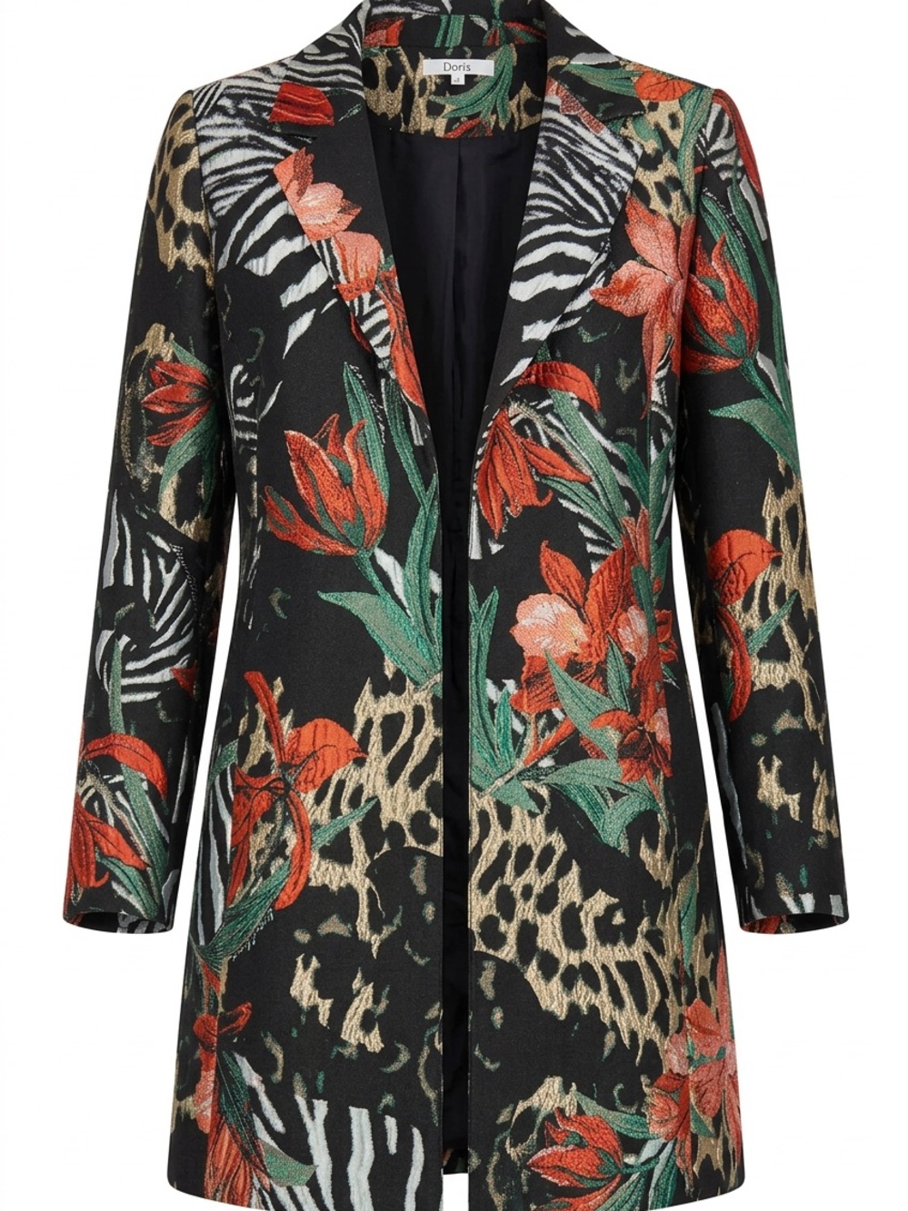 Chico's Black Floral & Animal Print Long Blazer Jacket